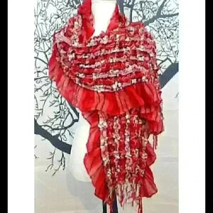 RED PLAID Scarf RECTANGLE Neck Wrap RUFFLE Edges Textured WRAP Shawl Farm Soft